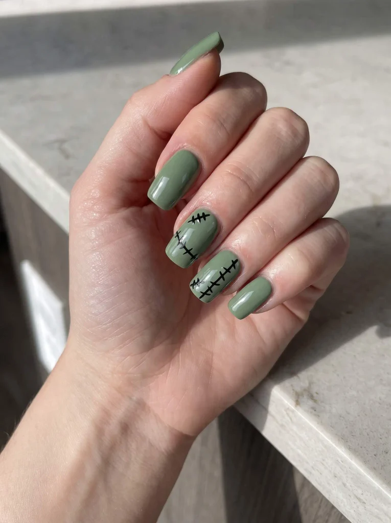 Green Frankenstein Halloween Nail Art