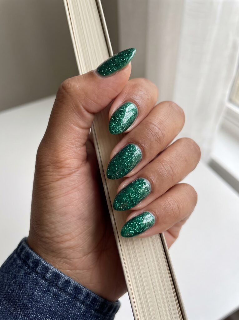 Green Glitter Almond Christmas Nails
