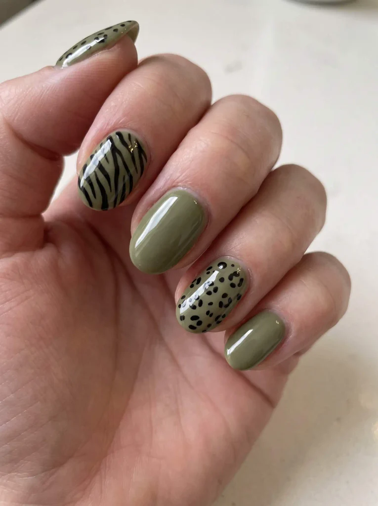 Green Zebra and Cheetah Print Nails