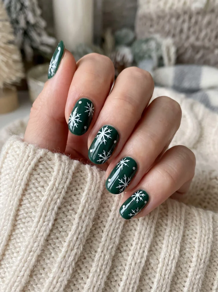 Green and White Holiday Snowflake Nails