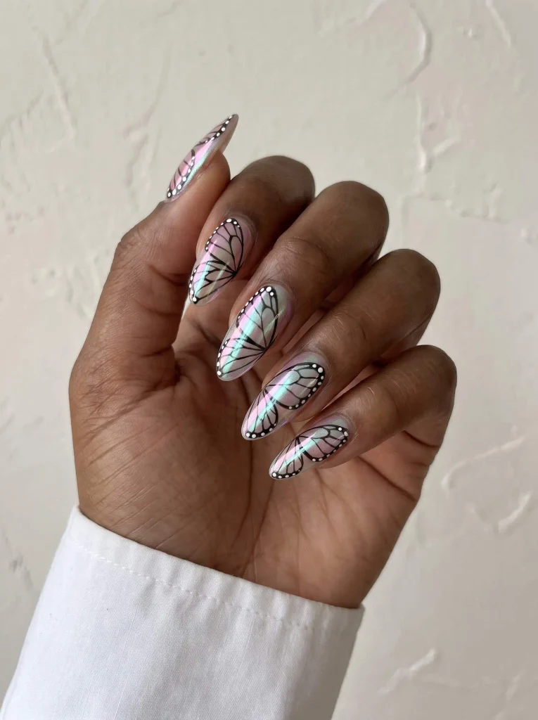 Holographic iridescent butterfly wing nails
