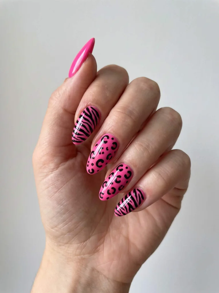 Hot Pink Zebra Cheetah Print Nails