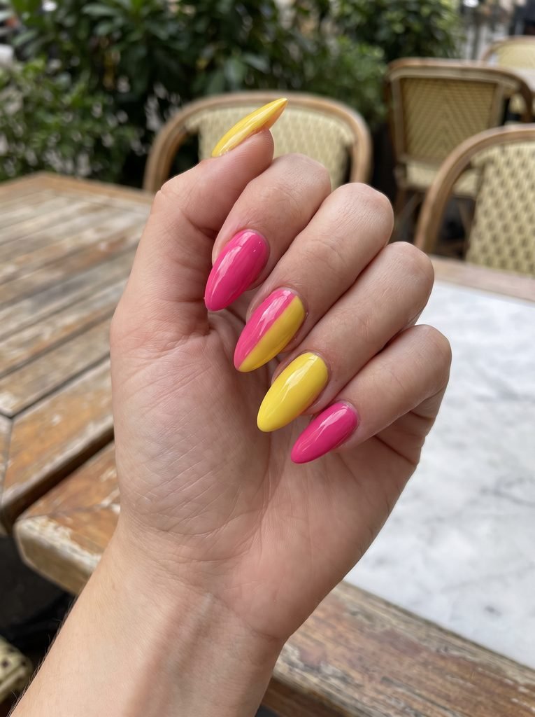 Hot pink and yellow almond nails