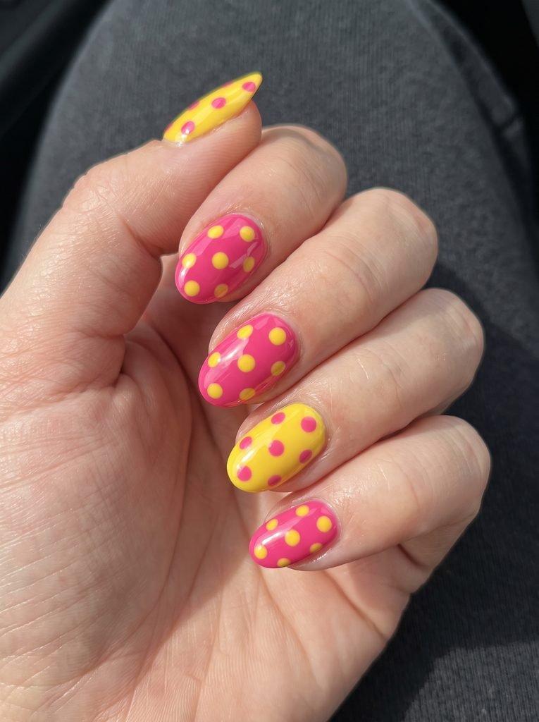 Hot pink and yellow polka dot nails