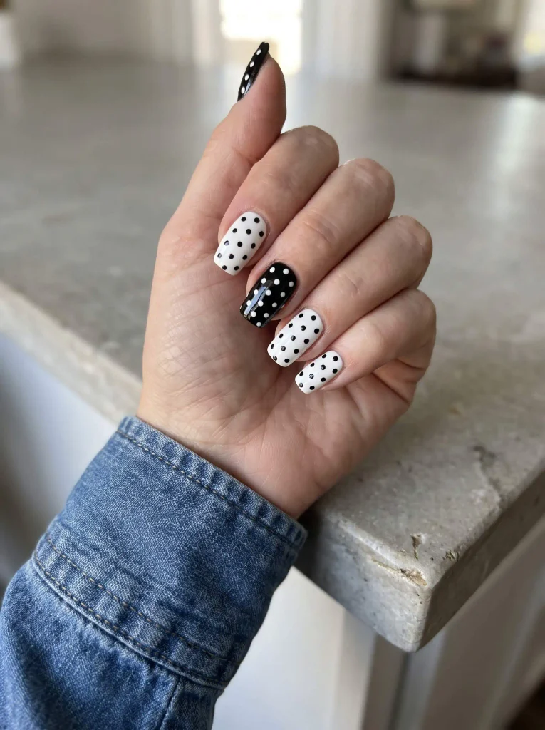 Inverted black and white polka dot nails