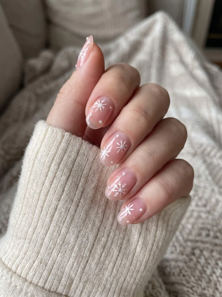 Korean Pink Jelly Snowflake Winter Nails