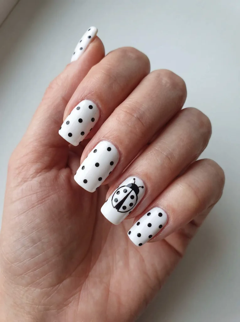 Ladybug black and white polka dot nails
