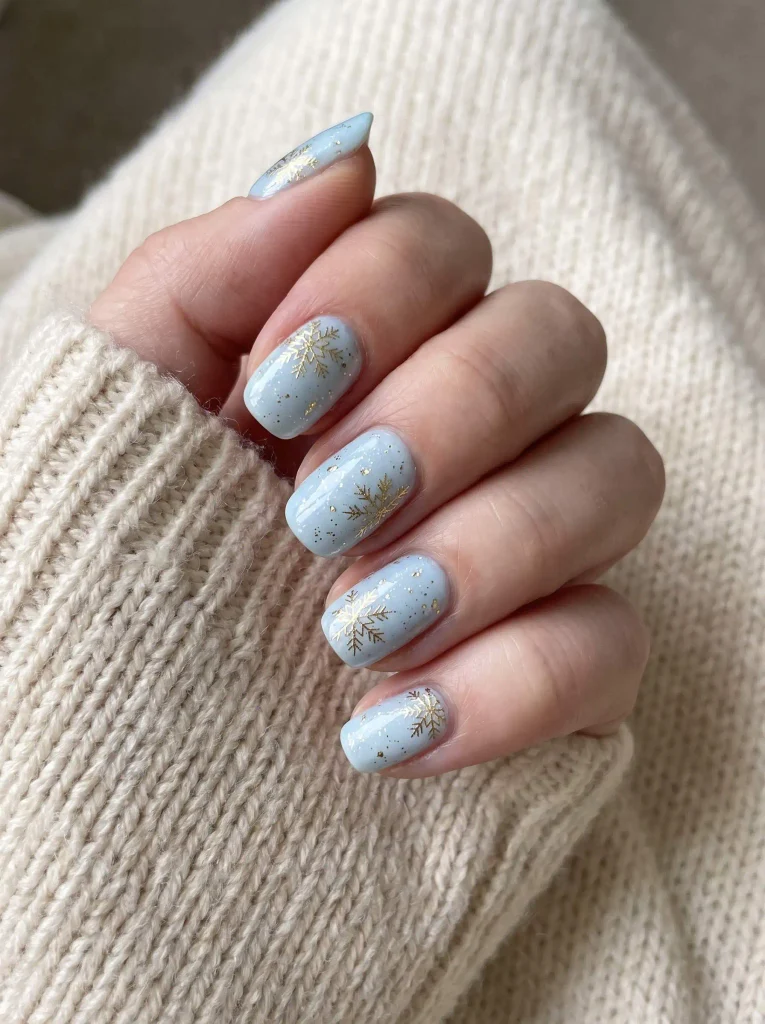 Light Blue Gold Snowflake Winter Nails