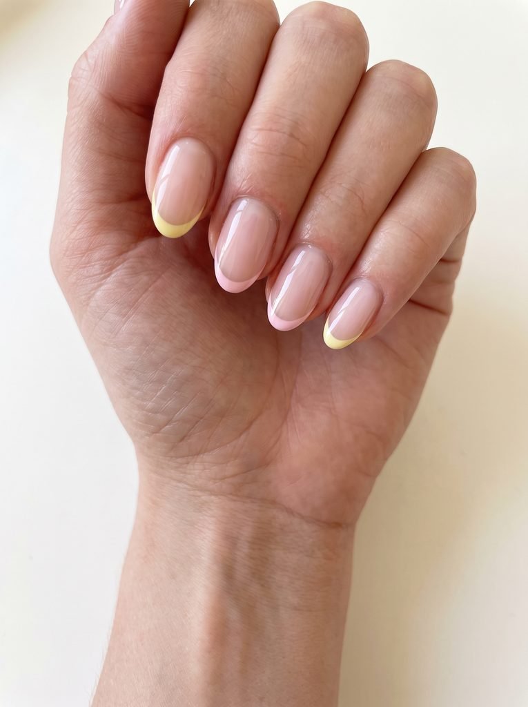 Light pink and yellow micro French nails