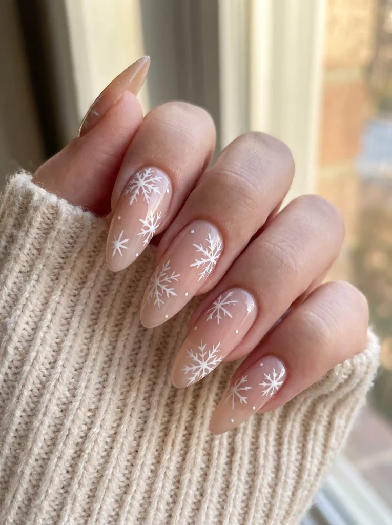 Long Almond Nude Nails with Snowflakes
