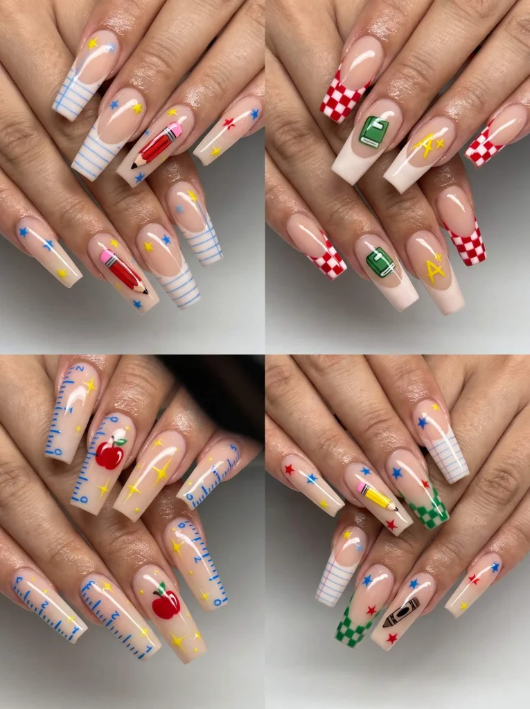 Long Back to School Acrylic Nails