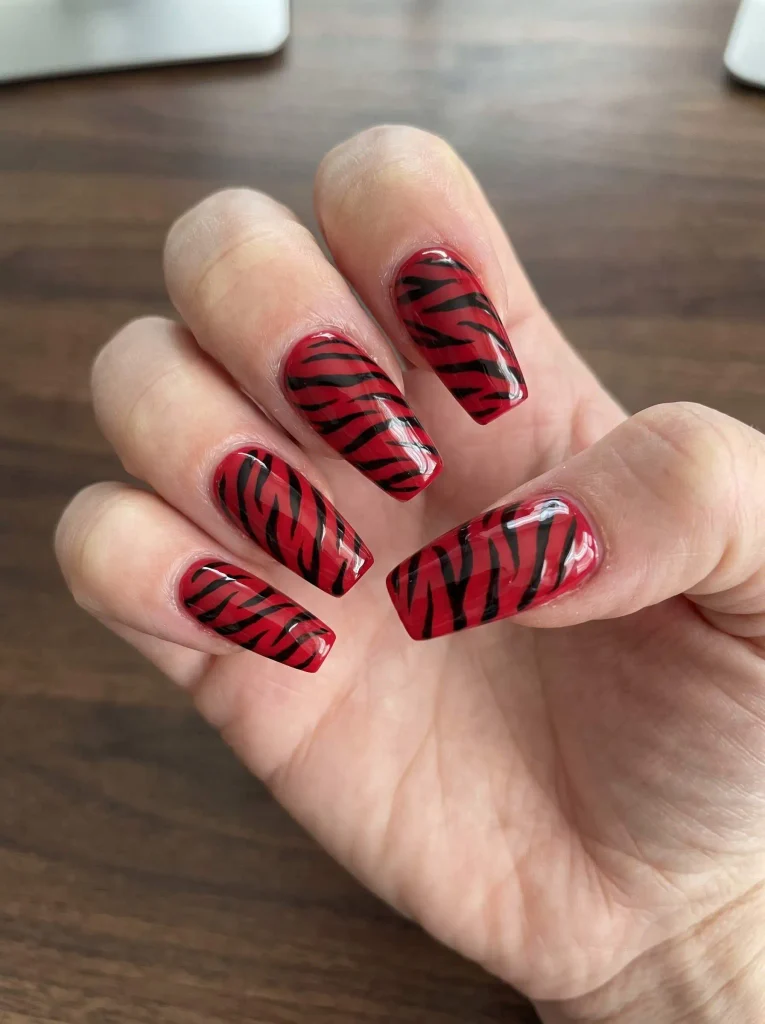 Long Red Zebra Acrylic Nails