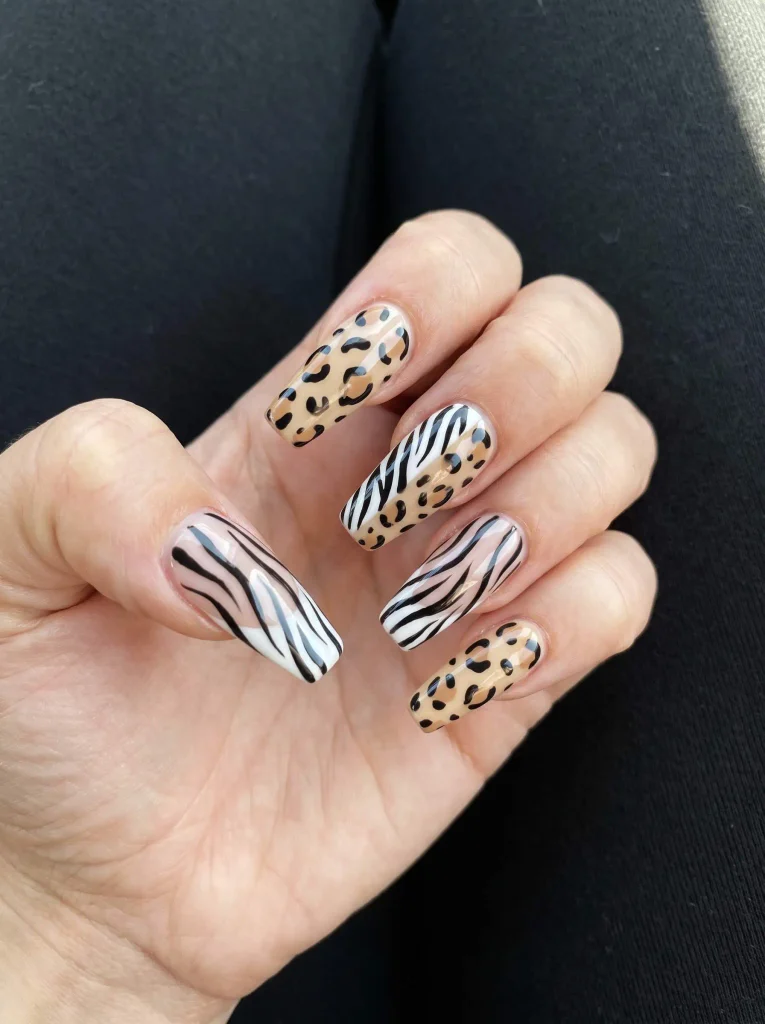 Long Zebra and Cheetah Print Nails