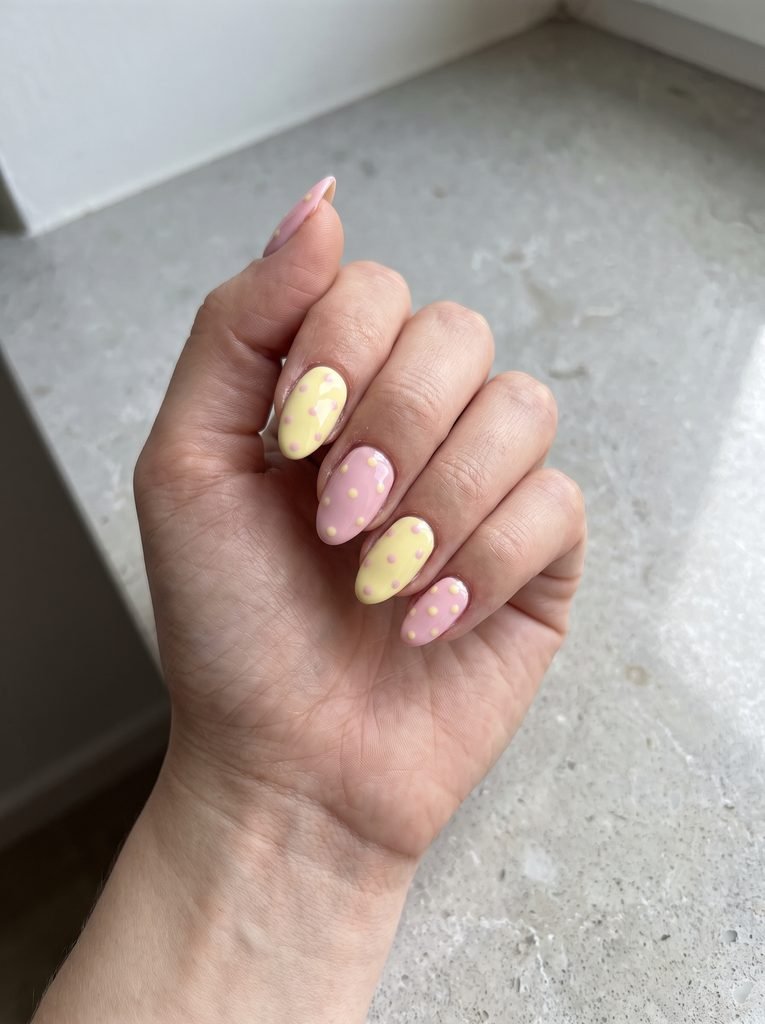 Long pink yellow polka dot nails