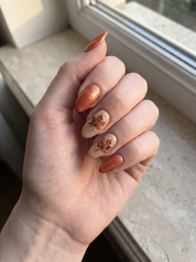 Maple Leaf Shimmer Thanksgiving Nails