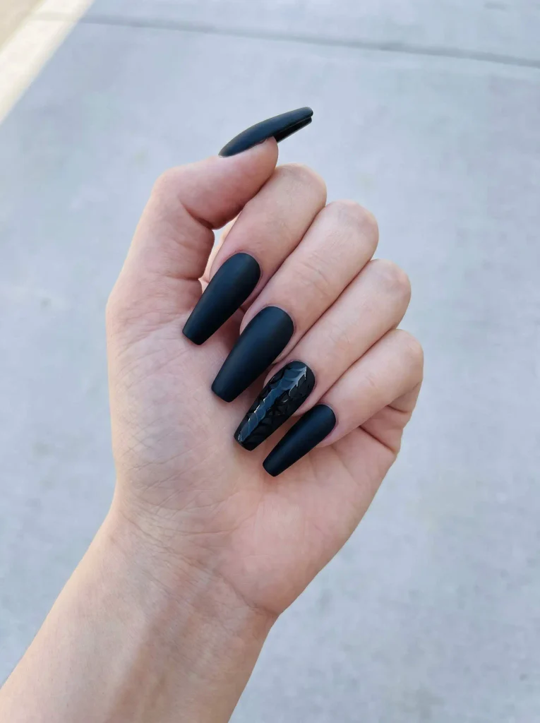 Matte Black Coffin Acrylic Halloween Nails