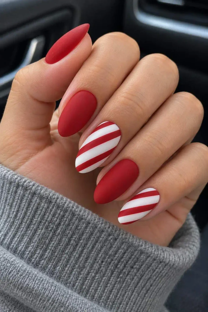 Matte Candy Cane Christmas Nails