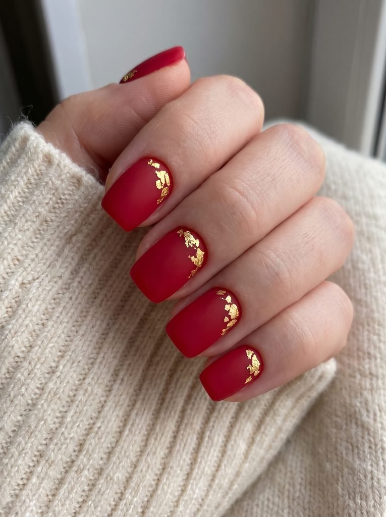 Matte Red Nails With Gold Foil