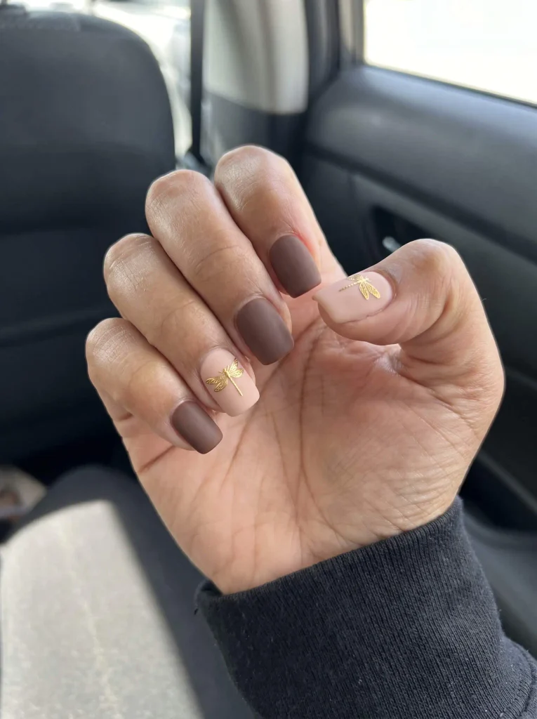 Matte brown dragonfly nails with gold
