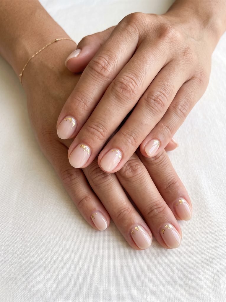 Milky Nude Gold Foil Nails