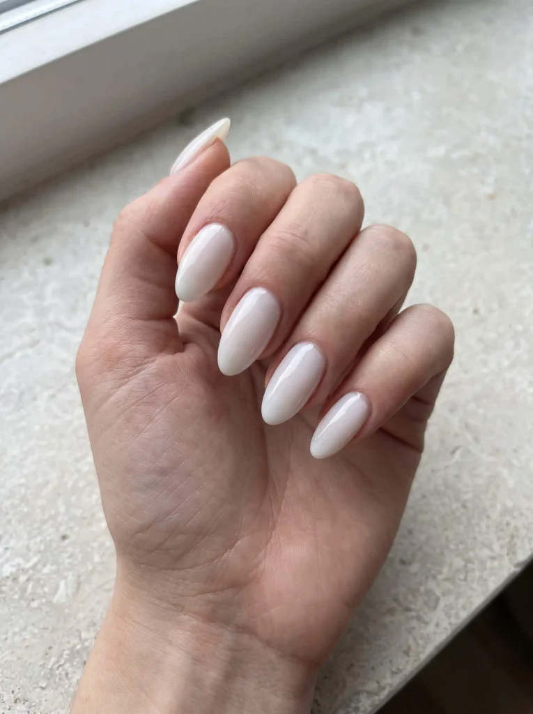 Milky White Almond Wedding Bridal Nails