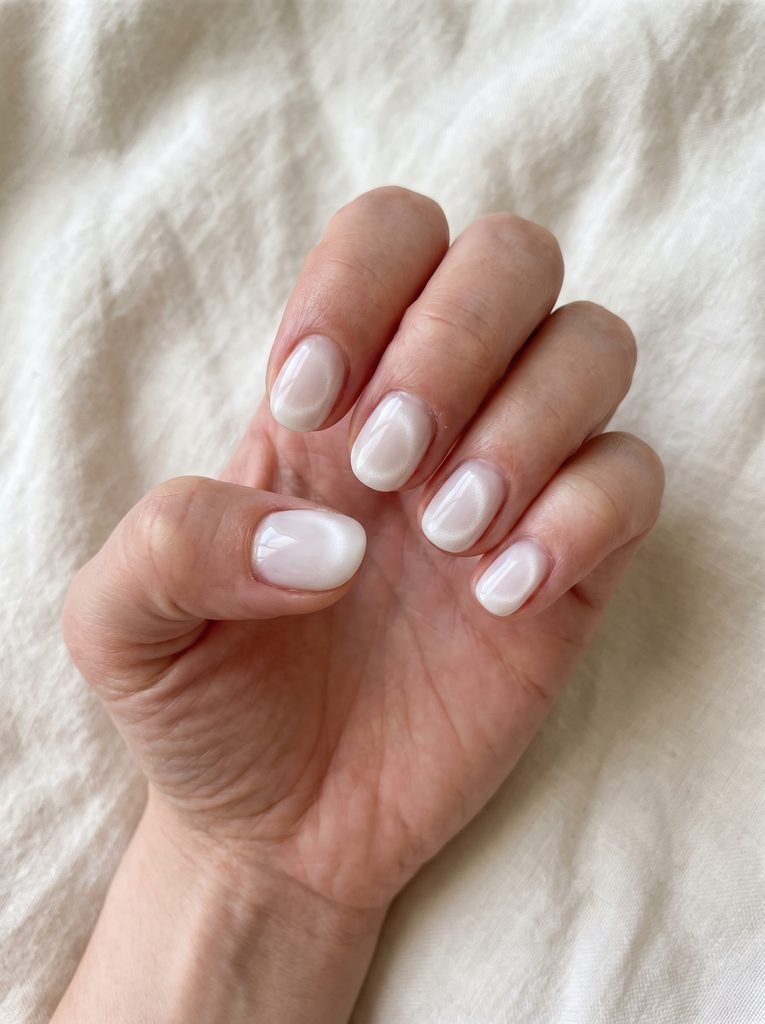 Milky White Cat Eye Bridal Nails