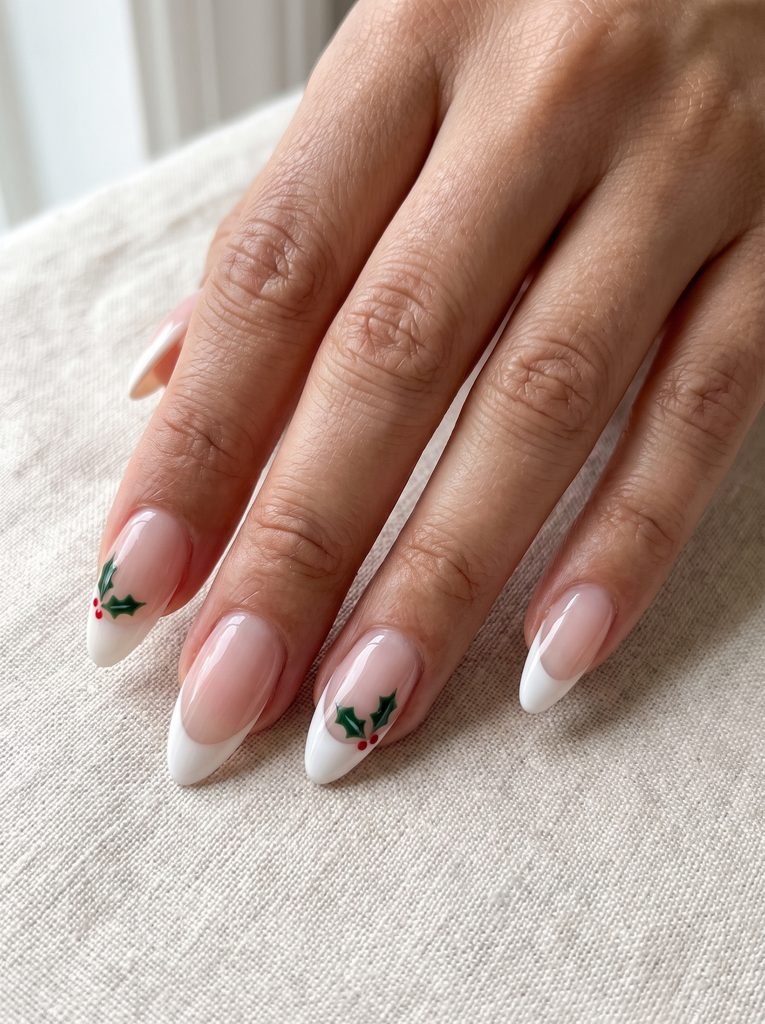 Milky White Holly French Almond Nails