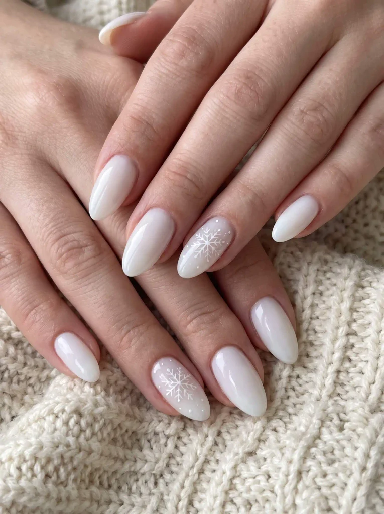 Milky White Minimalist Snowflake Winter Nails
