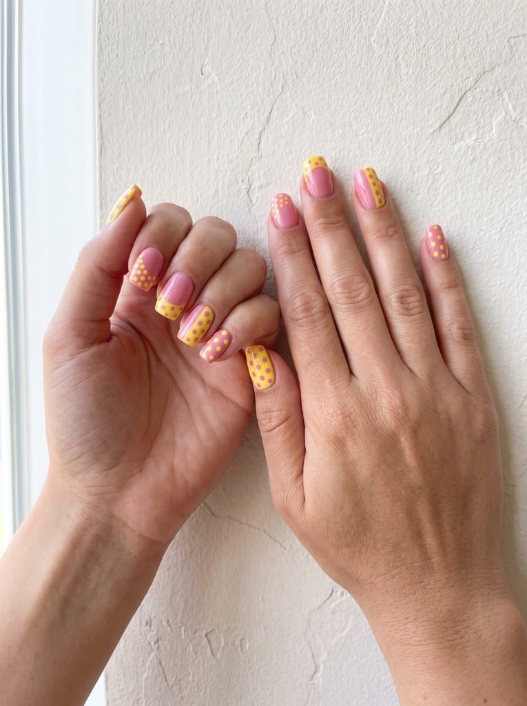 Mismatched pink yellow polka dot nails