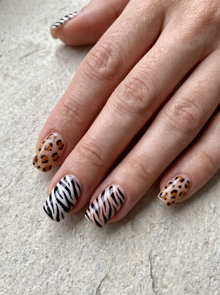 Mixed Zebra and Cheetah Print Nails