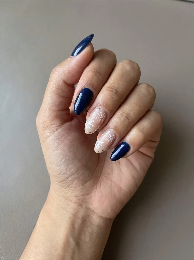 Navy Blue Christmas Snowflake Nails