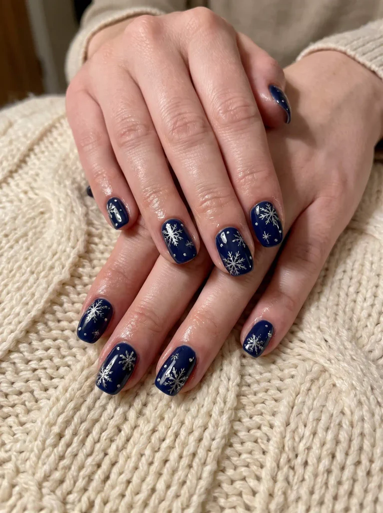 Navy Blue Silver Snowflake Winter Nails