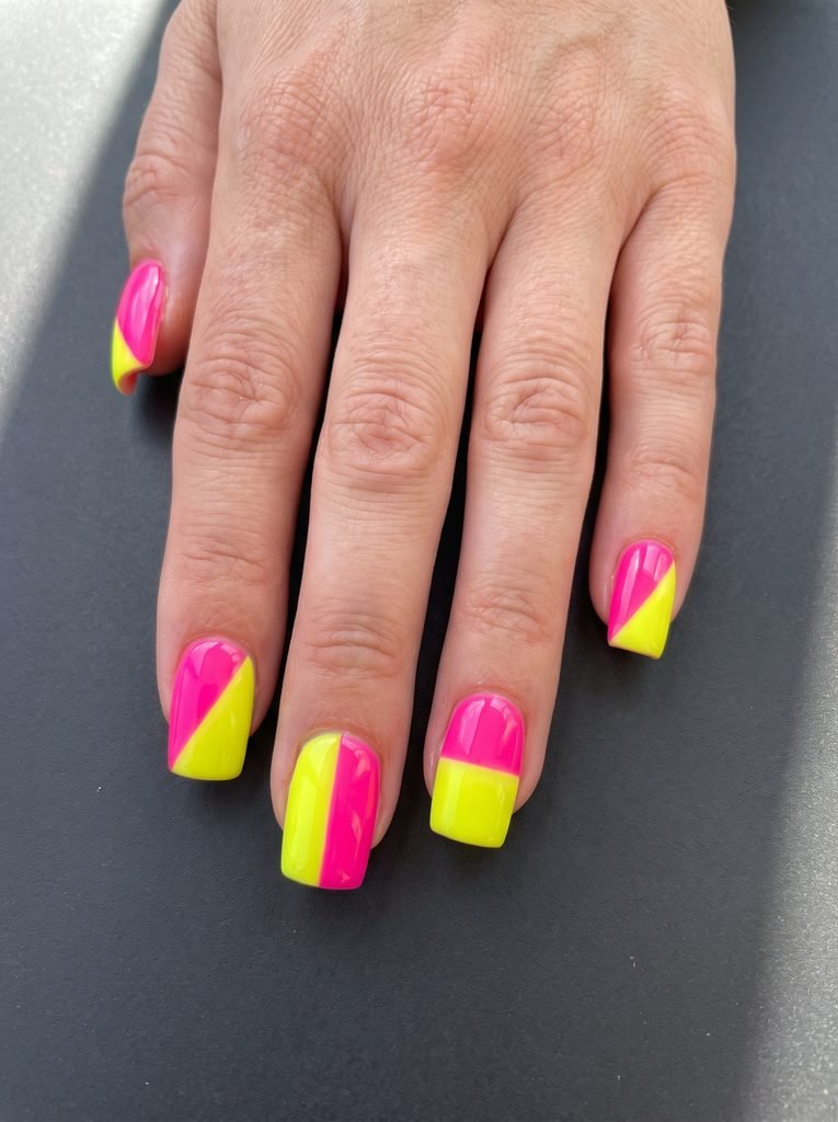 Neon pink and yellow color-block nails