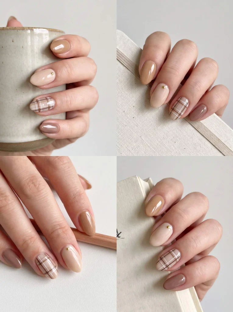 Neutral Plaid Back to School Nails