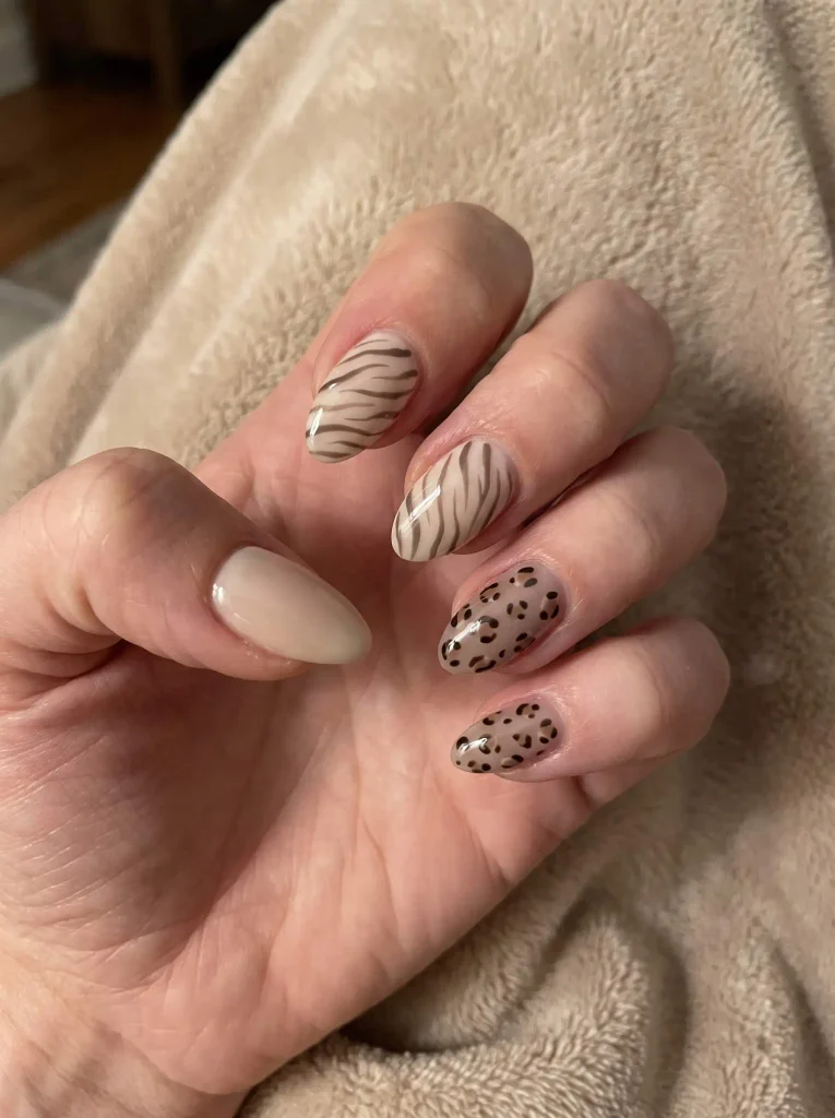 Neutral Zebra and Cheetah Print Nails