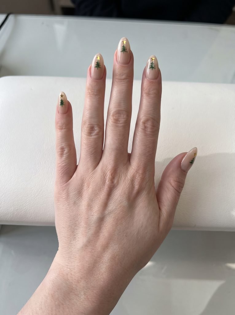 Nude Christmas Tree Almond Nails