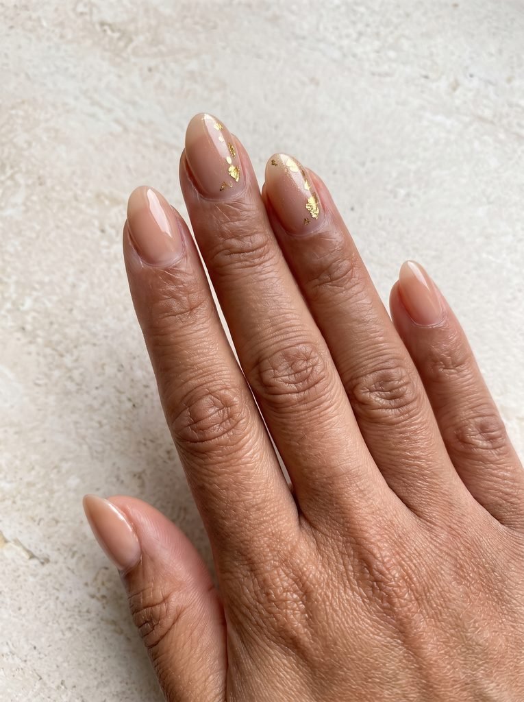 Nude Gold Leaf Very Short Almond Nails