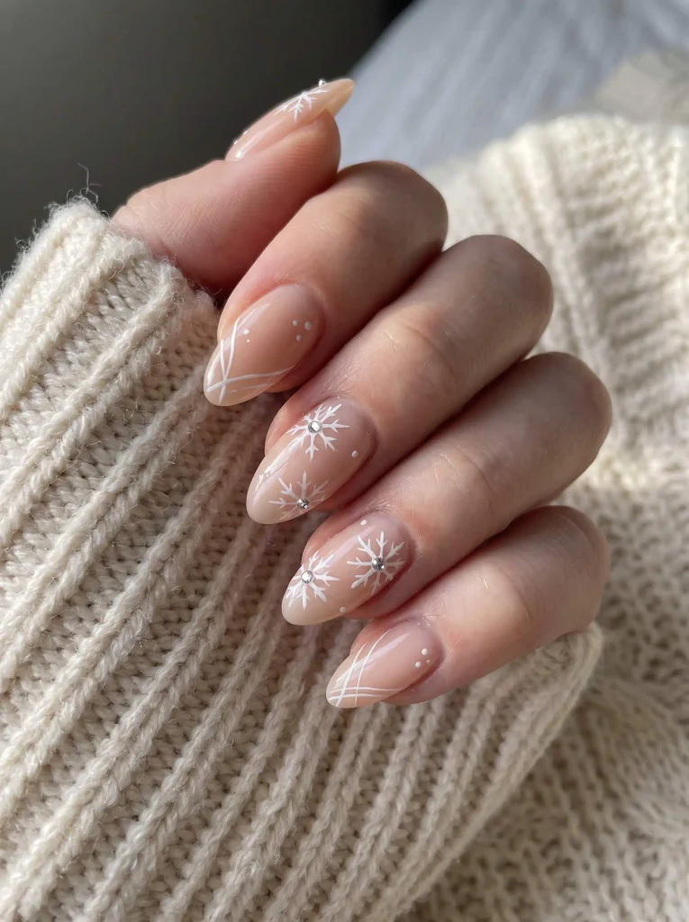 Nude Snowflake Almond Nails with Rhinestones