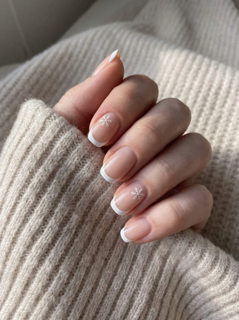 Nude Snowflake French Tip Winter Nails