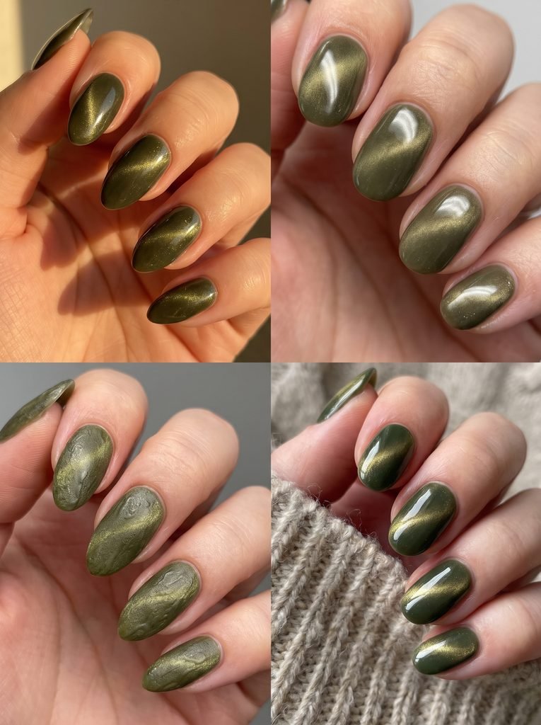 Olive Green Cat Eye Nails