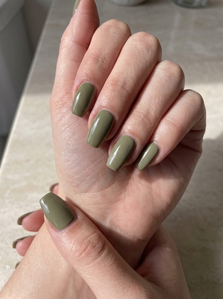 Olive Green Short Coffin Nails