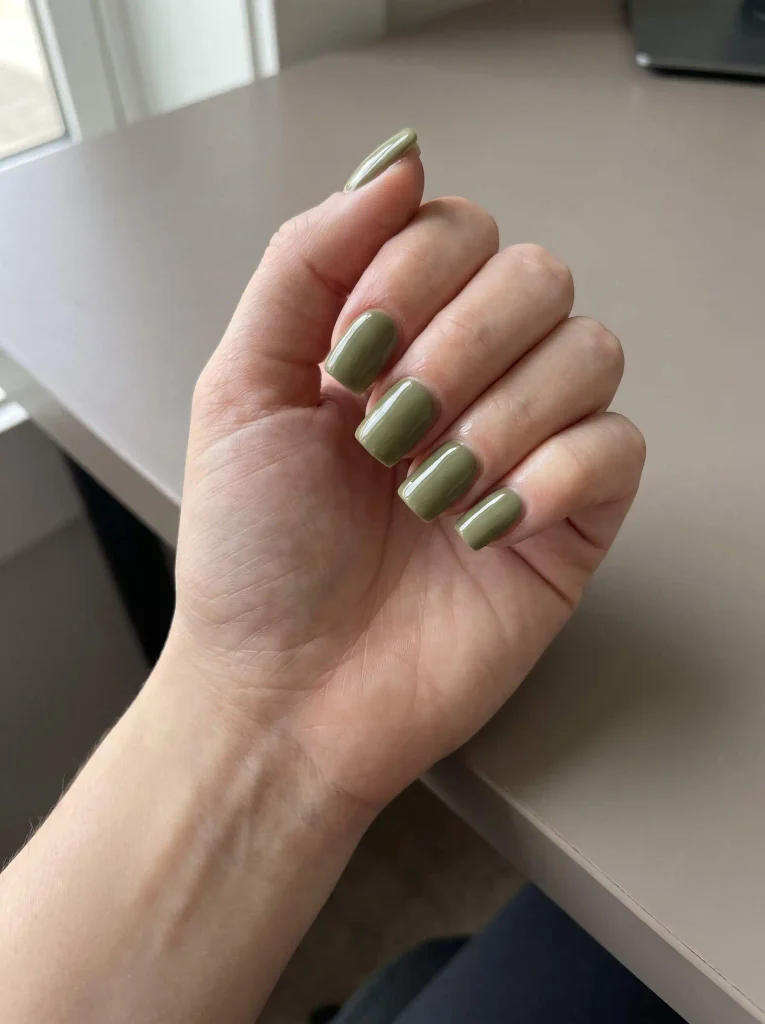 Olive Green Short Square Gel X Nails
