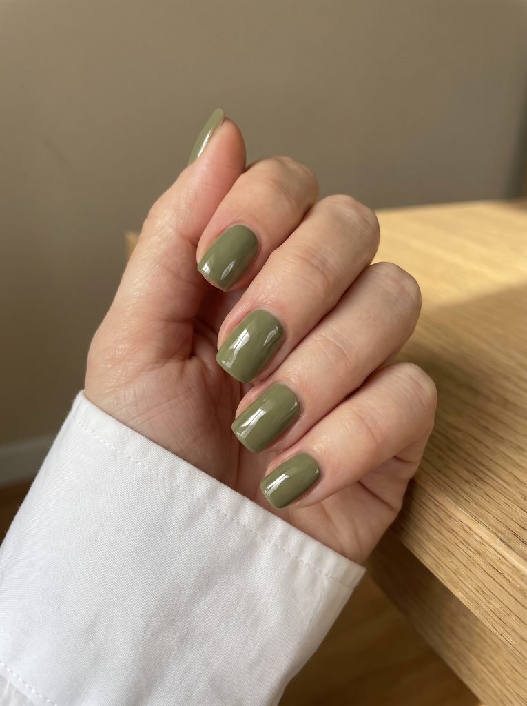 Olive Green Short Square Nails
