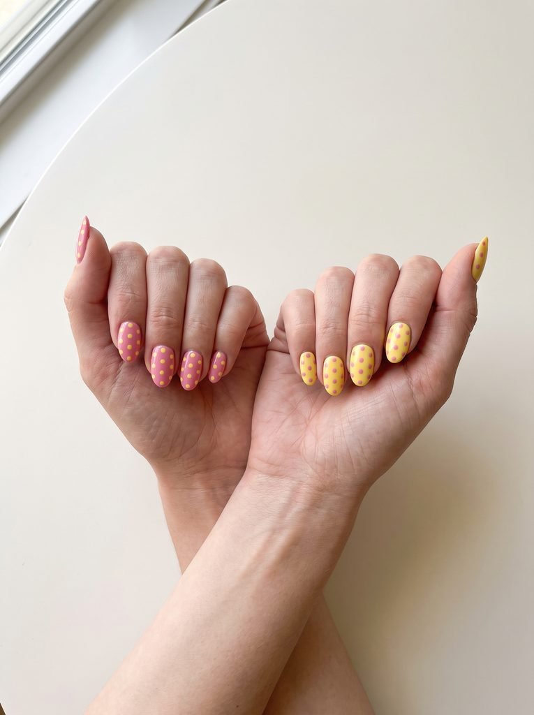 Opposite pink yellow polka dot nails