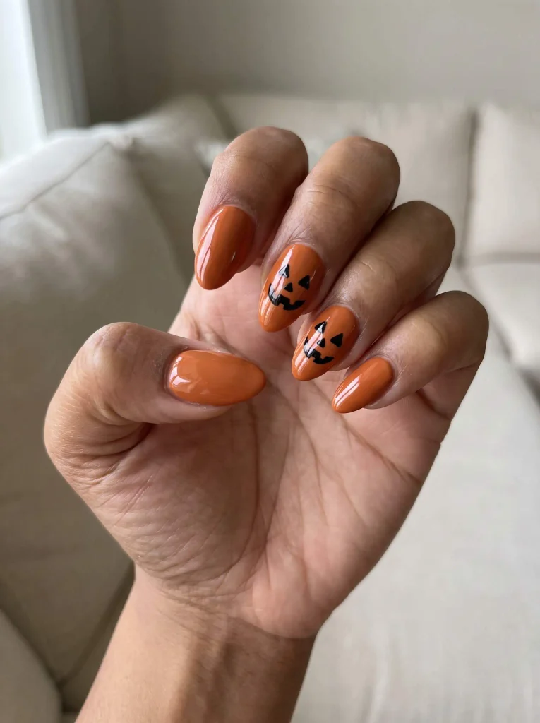 Orange Pumpkin Almond Halloween Nail Art