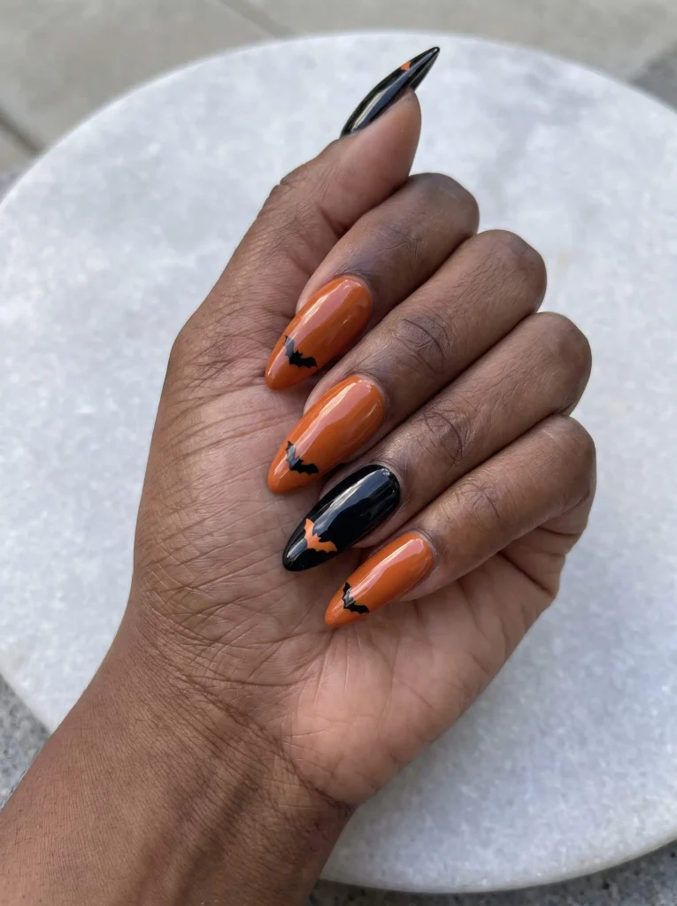 Orange and Black Bat Halloween Nails