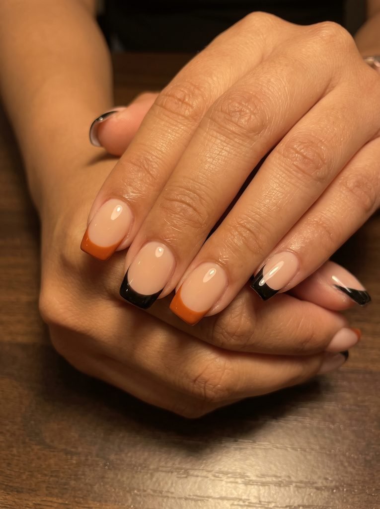 Orange and Black Coffin French Tips