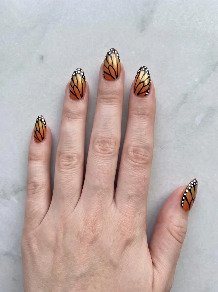 Orange monarch butterfly wing nails