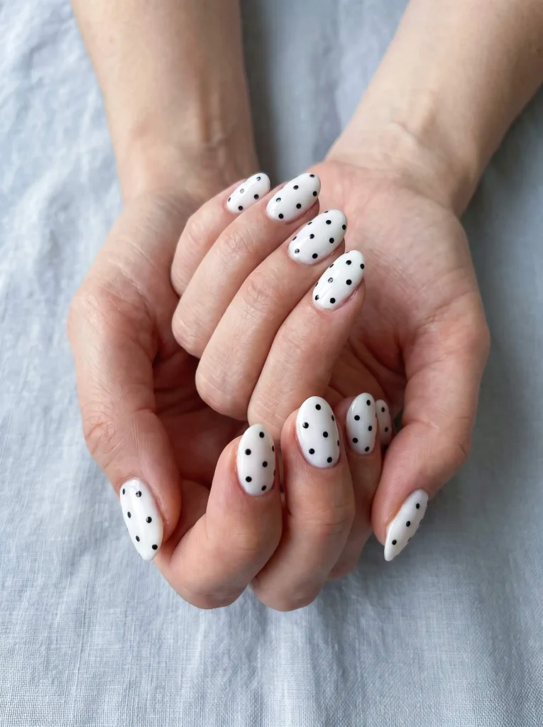 Oval black and white polka dot nails