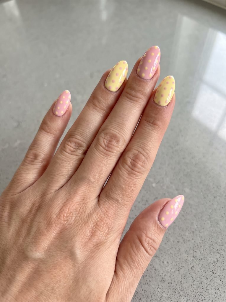 Pastel pink and yellow polka dot nails